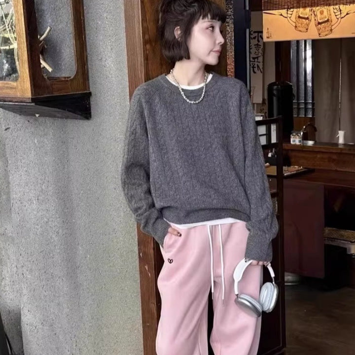 Damen Zopfstrick-Pullover aus Baumwoll-Mix mit legerer Oversize-Silhouette Drune