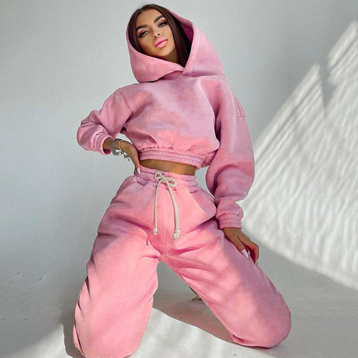 Damen cropped Kapuzen-Sweatset mit elastischem Rippbund und High-Waist Jogginghose Drune