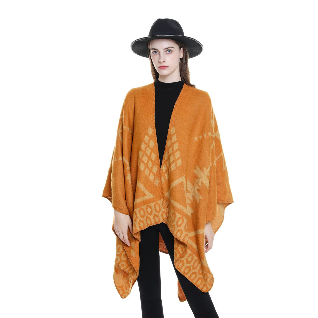 Damen Ruana‑Poncho im Oversize mit Kaschmir‑Touch, geometrischem Jacquard und offener Kimono‑Silhouette Drune