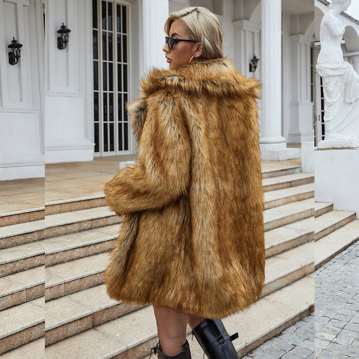 Damen Eleganter Kunstpelz-Mantel mit voluminösen Ärmeln Drune