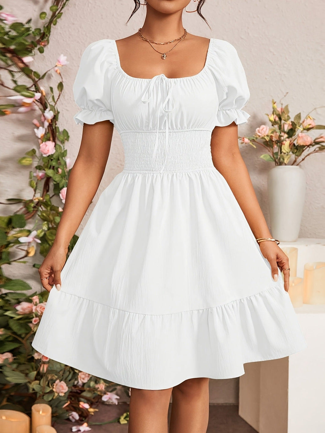 Damen Puffärmel Kleid mit elastischem Tailleneinsatz und Rüschensaum Drune
