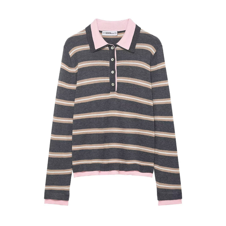 Damen Feinstrick-Rugby-Pullover mit kontrastierendem Kragen und Knopfleiste Drune