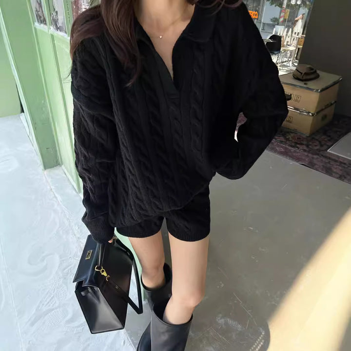 Damen Strickpullover mit modischem Zopfmuster und tiefem V-Ausschnitt Drune