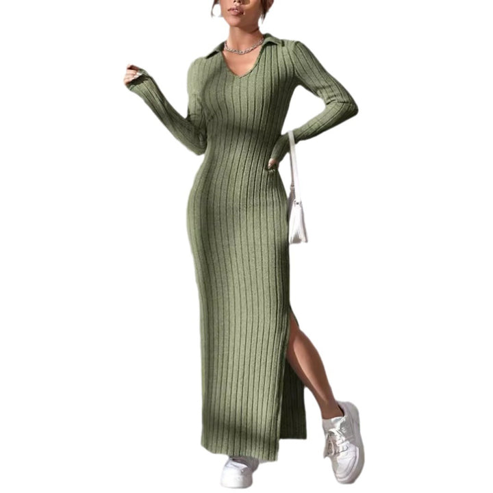 Damen Langärmliges Rippkleid mit Slit und Kragen Drune