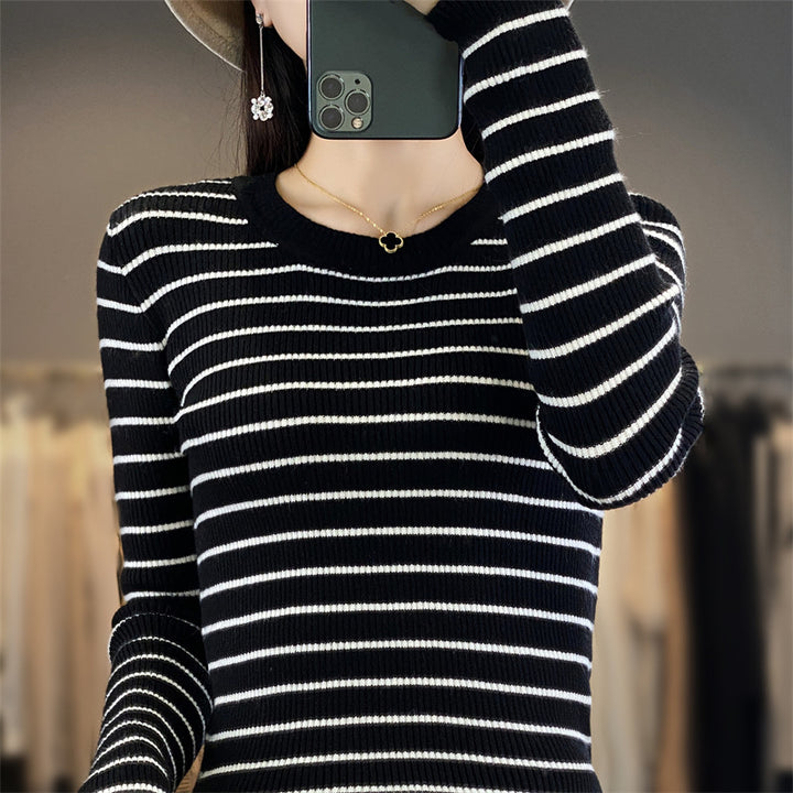 Damen Schmal geschnittener Feinstrick-Pullover mit dezenter Streifenstruktur und Rundhals Drune