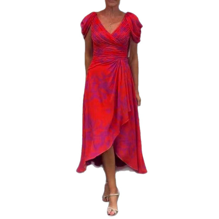 Damen nan festliches Chiffon-Midikleid mit gekreuztem V-Ausschnitt, taillenraffung und asymmetrischem Tulpenrock Drune