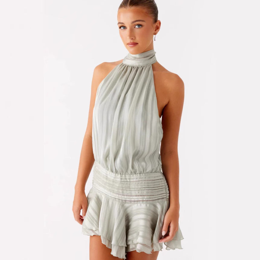 Damen Neckholder Minikleid mit Rüschensaum und gepolstertem Oberteil Drune