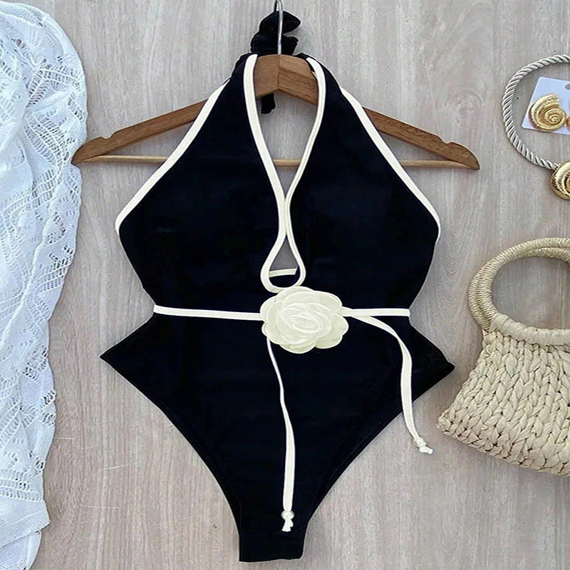 Damen Eleganter Hochgeschnittener Badeanzug mit floralen Akzenten Drune