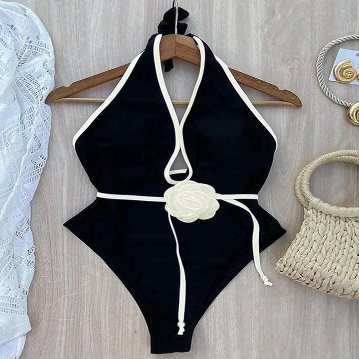 Damen Eleganter Hochgeschnittener Badeanzug mit floralen Akzenten Drune