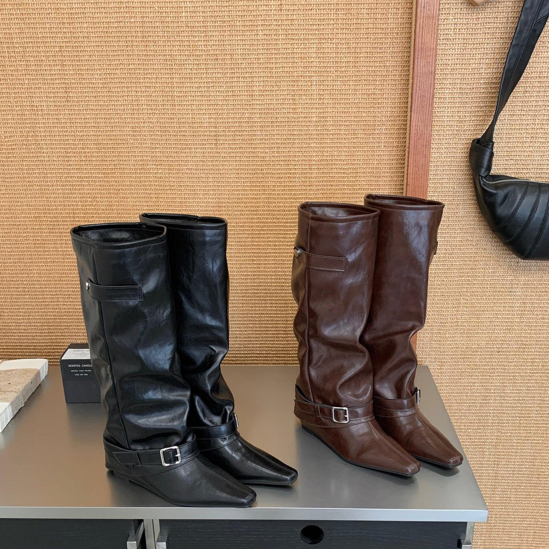 Damen Hohe Stiefel aus hochwertigem Leder mit modischen Riemen Drune