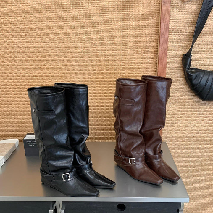 Damen Hohe Stiefel aus hochwertigem Leder mit modischen Riemen Drune