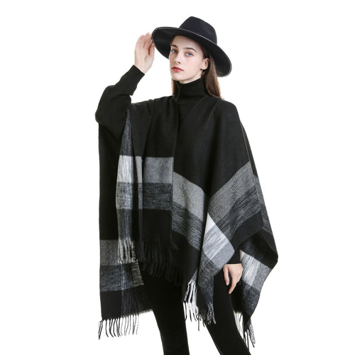 Damen Weichfallender Wollmix-Poncho mit Fransen Drune