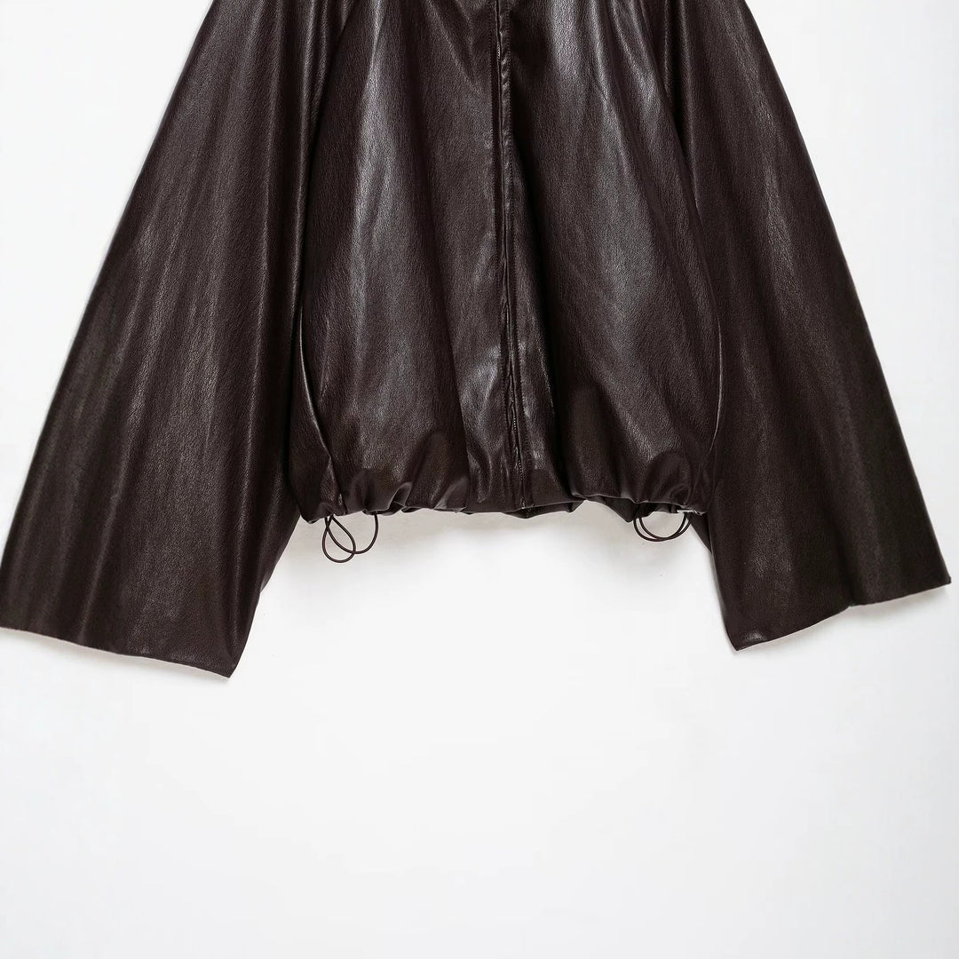 Damen Oversize Jacke im Lederlook mit hohem Funnelkragen, Raglanärmeln und Tunnelzugsaum Drune