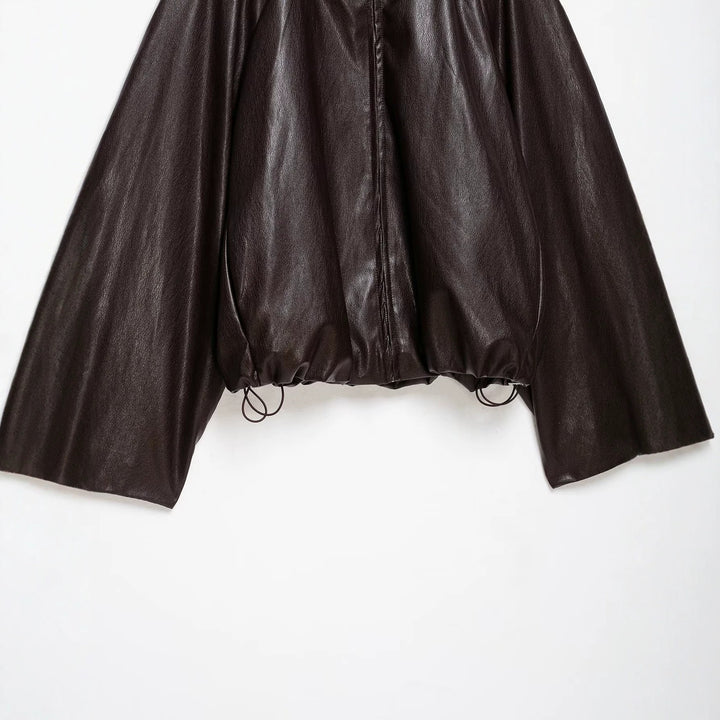 Damen Oversize Jacke im Lederlook mit hohem Funnelkragen, Raglanärmeln und Tunnelzugsaum Drune