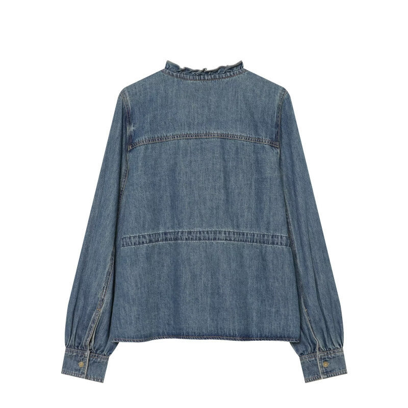 Damen Rüschenbluse aus Denim‑Optik mit Tunnelzugtaillierung und Knopfleiste Drune