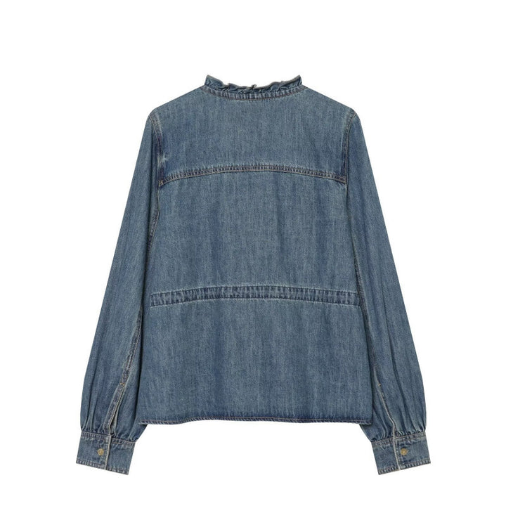 Damen Rüschenbluse aus Denim‑Optik mit Tunnelzugtaillierung und Knopfleiste Drune