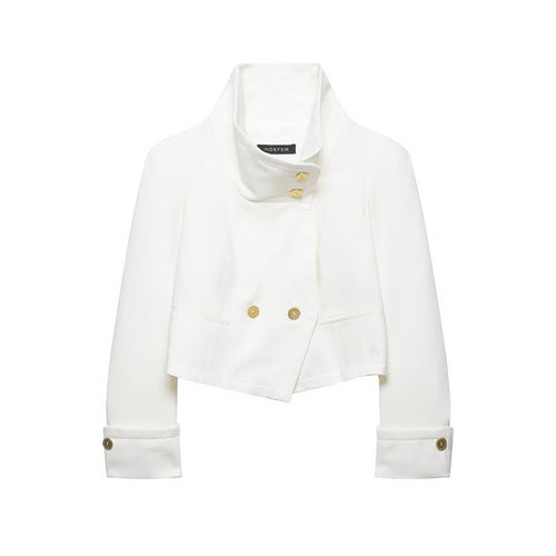 Damen Cropped Doppelreiher-Blazer mit hohem Stehkragen und Zierknöpfen Drune