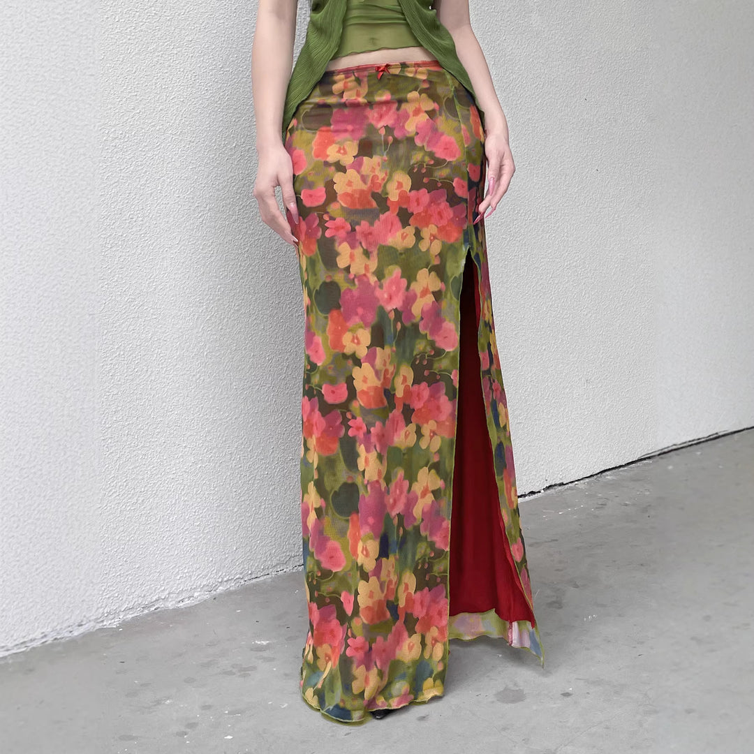 Damen Maxirock mit Chiffon-Overlay, floraler Allover-Print und hohem Seitenschlitz Drune