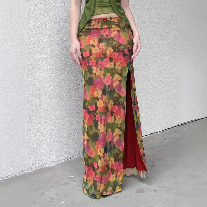 Damen Maxirock mit Chiffon-Overlay, floraler Allover-Print und hohem Seitenschlitz Drune