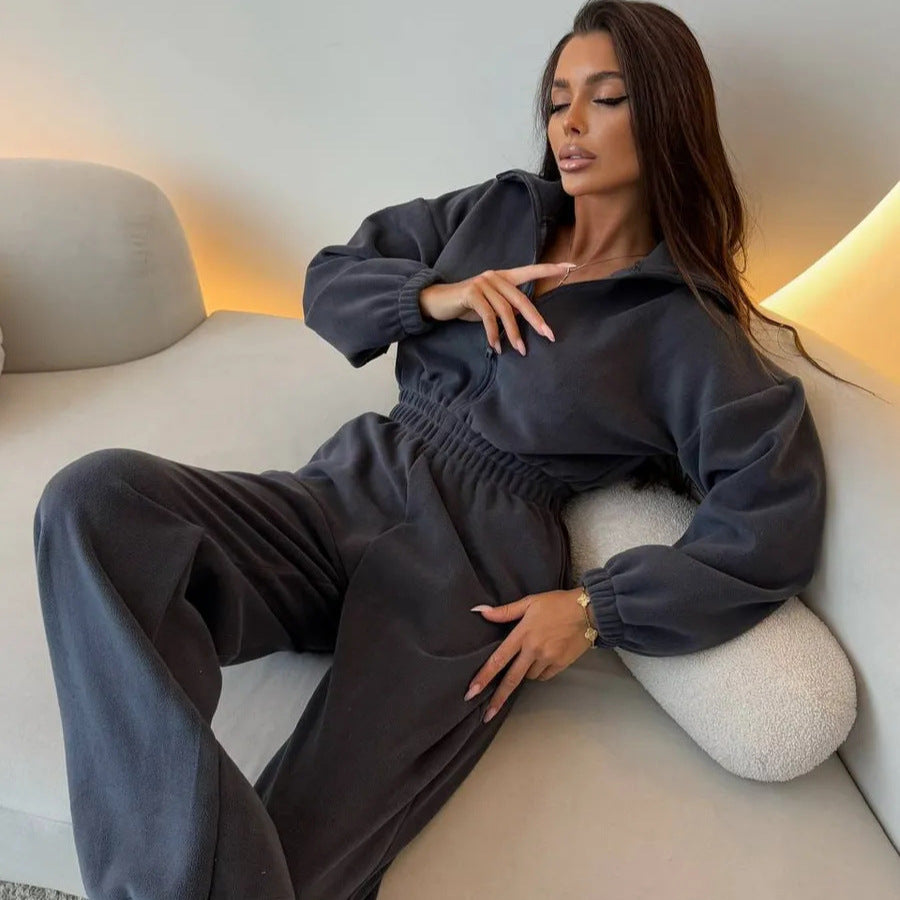 Damen eleganter Lounge-Overall mit elastischer Taillenpartie, Stehkragen, Reißverschluss und weitem Bein Drune