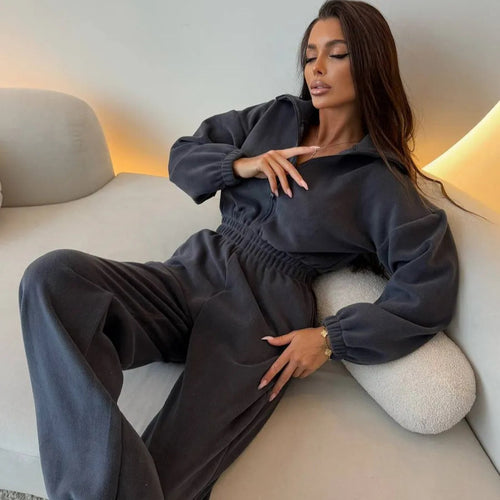 Damen eleganter Lounge-Overall mit elastischer Taillenpartie, Stehkragen, Reißverschluss und weitem Bein Drune