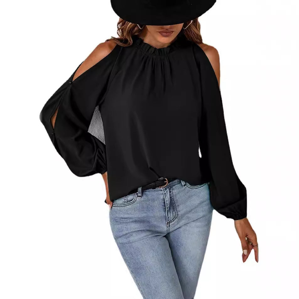Damen elegante Bluse mit Carmen-Ausschnitt und voluminösen Ärmeln Drune