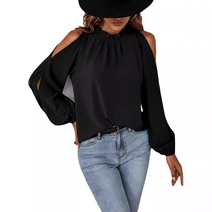 Damen elegante Bluse mit Carmen-Ausschnitt und voluminösen Ärmeln Drune