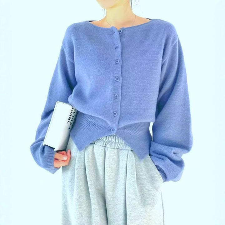 Damen Cropped Strickjacke mit Knopfleiste und oversized Ärmeln Drune
