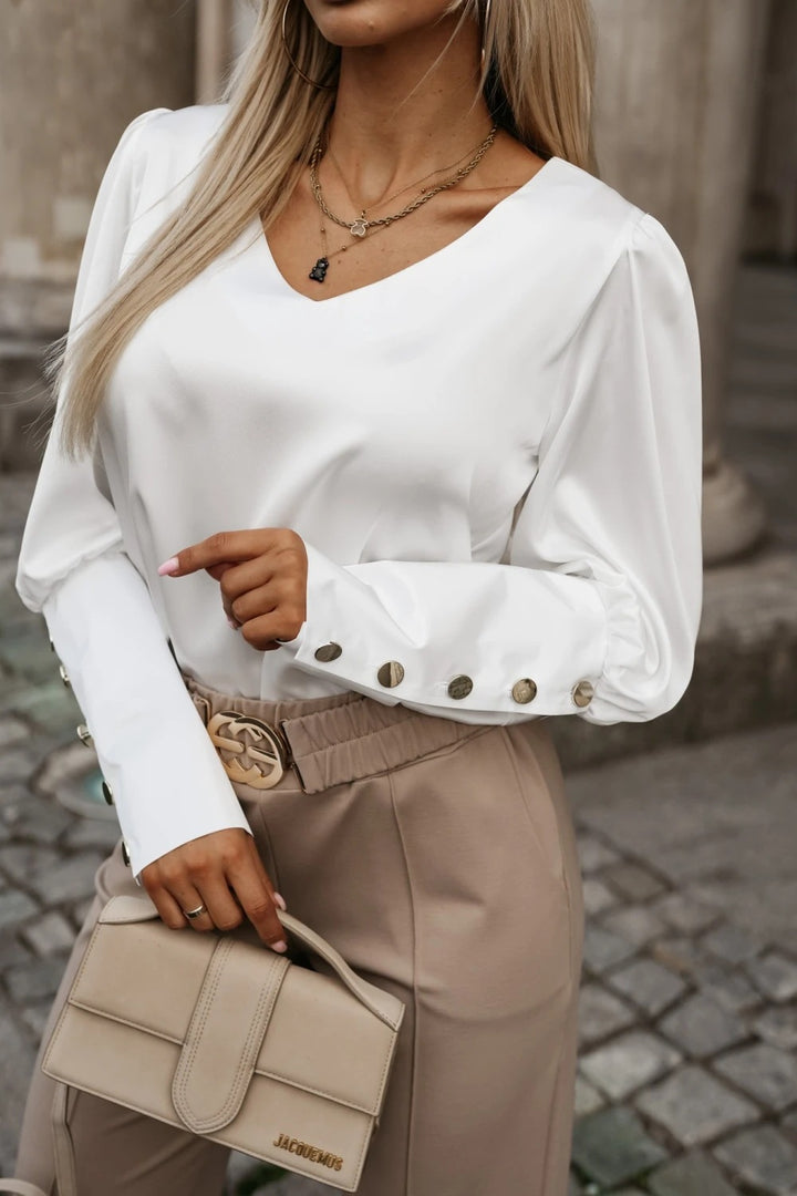 Damen Bluse mit modischen Puffärmeln und dekorativen Knopfdetails Drune