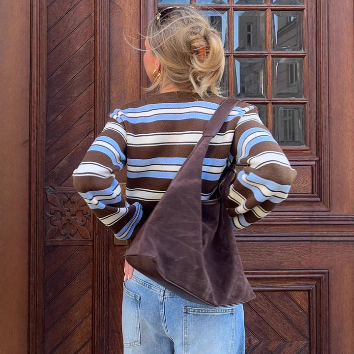 Damen Kurzgeschnittene gestreifte Strickjacke mit V-Ausschnitt und tailliertem Rippbund Drune