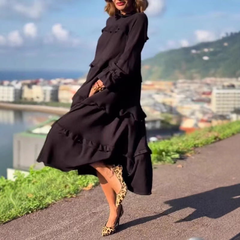 Damen nan kastiges Stufenmidikleid mit Rüschenkragen, gerafften Manschetten und verdeckten Seitentaschen Drune