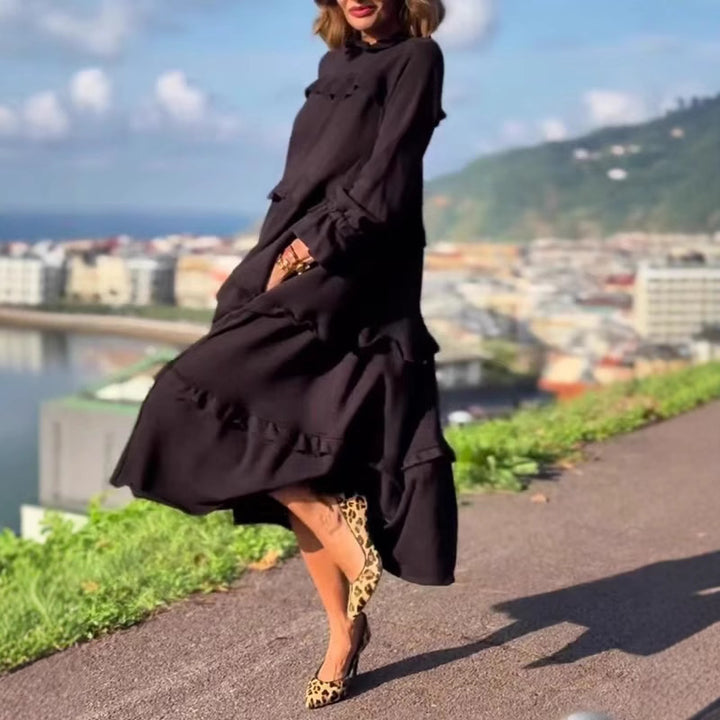 Damen nan kastiges Stufenmidikleid mit Rüschenkragen, gerafften Manschetten und verdeckten Seitentaschen Drune