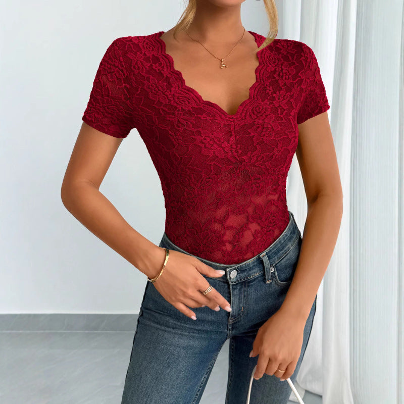 Damen Spitzen-Bodysuit mit dekorativem V-Ausschnitt Drune