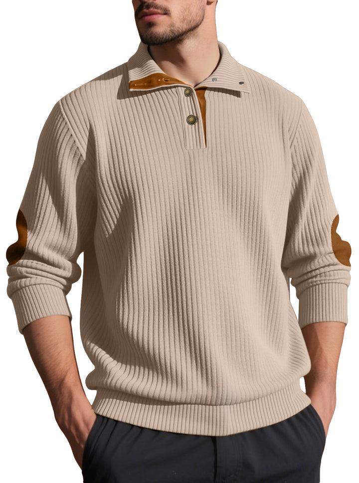 Herren nan Rippstrick-Halbknopf-Pullover mit Kentkragen und Lederbesatz Drune
