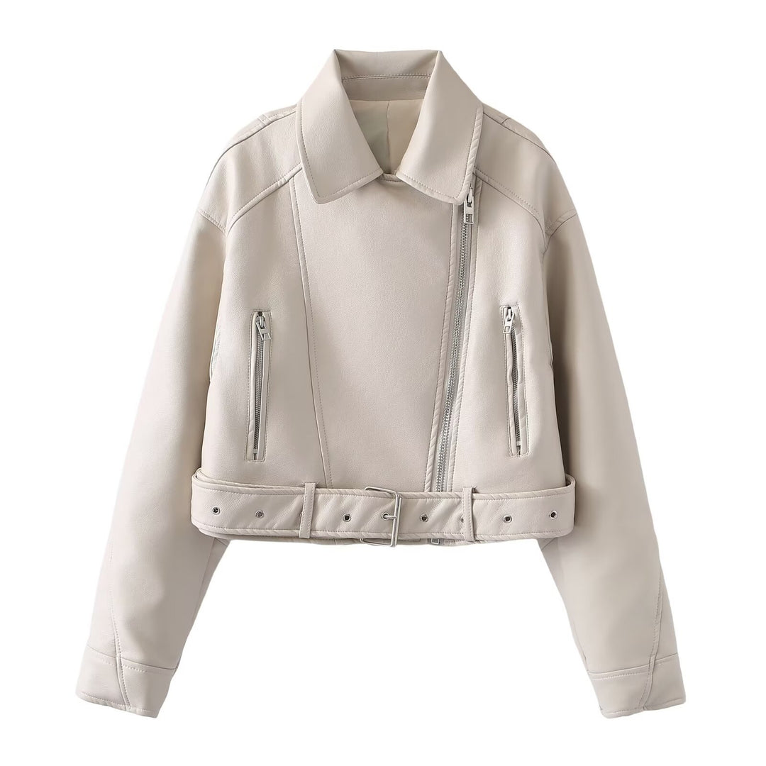 Damen Kurzjacke im Bikerstil aus soften Kunstleder mit Taillenriegel Drune