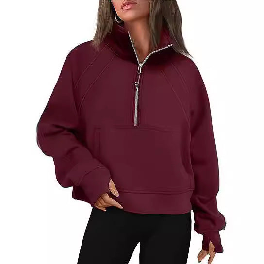 Damen sportlicher Hoodie mit kurzem Reißverschluss und praktischer Kängurutasche Drune