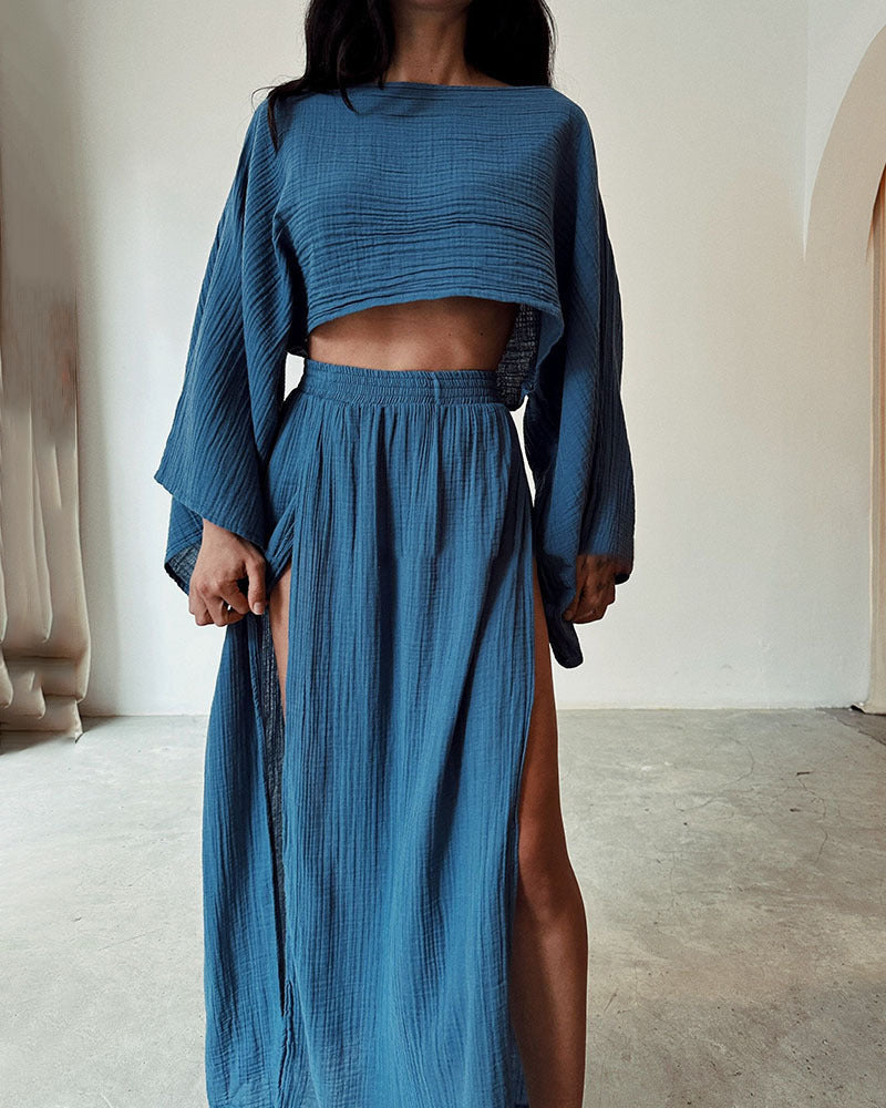 Damen luftiges Set aus cropped Oberteil und hoch geschnittenem Rock Drune