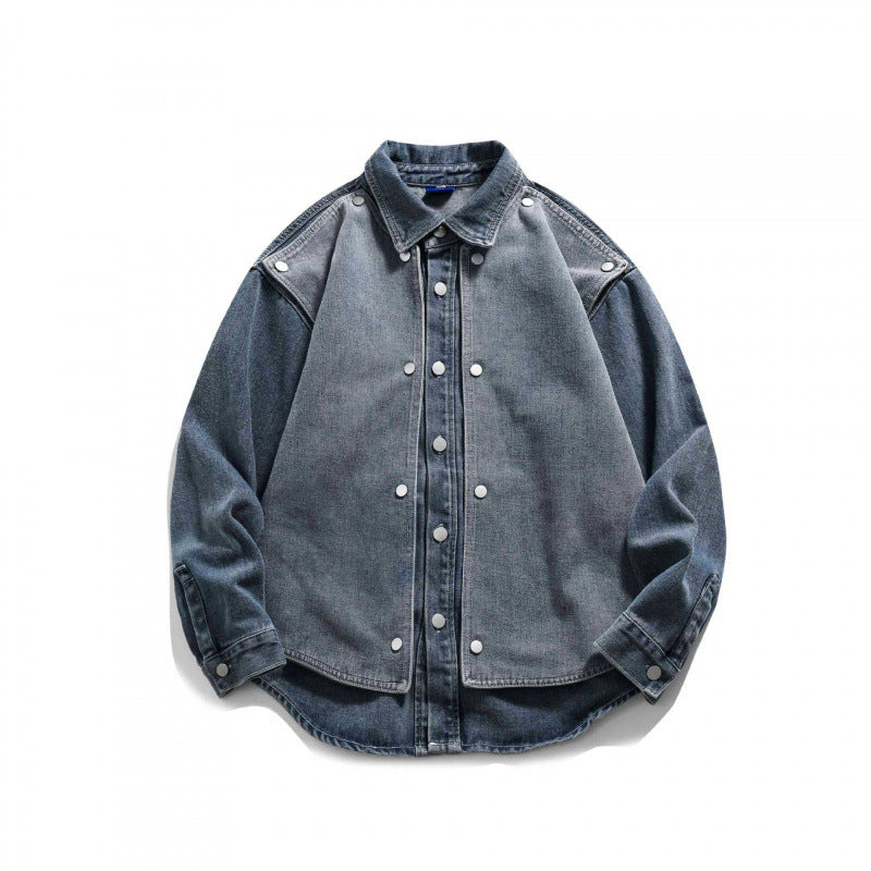 Herren Boxy Jeans-Workshirt mit Druckknopfleiste, Raglanärmeln und abgerundetem Saum Drune