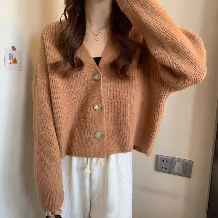 Damen lässige Strickjacke mit hochgeschlossenen Kragen und großen Knopfdetails Drune