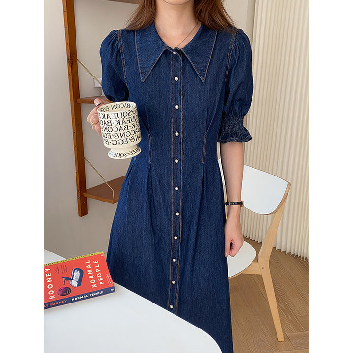 Damen Denim-Midikleid mit voluminösen Ärmeln und Knopfdetails Drune