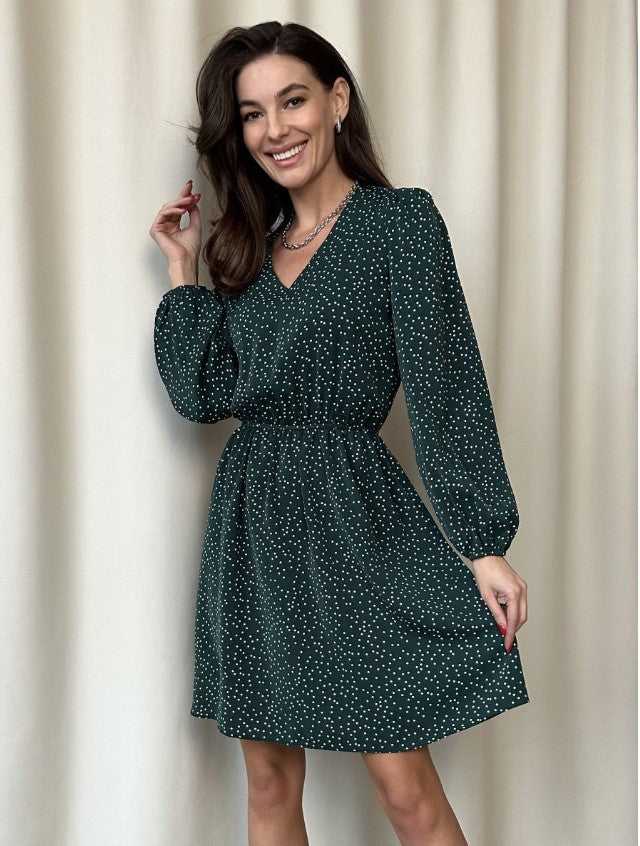 Damen Freizeitkleid mit V-Ausschnitt und Puffärmeln Drune