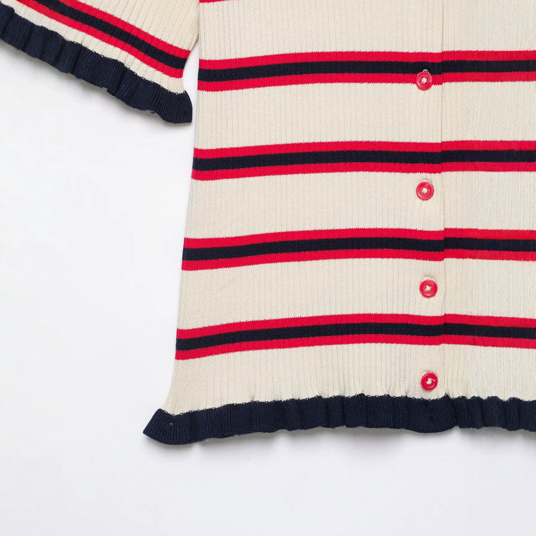 Damen Kurzärmelige Feinstrick-Cardigan mit Polokragen und Volantbündchen Drune