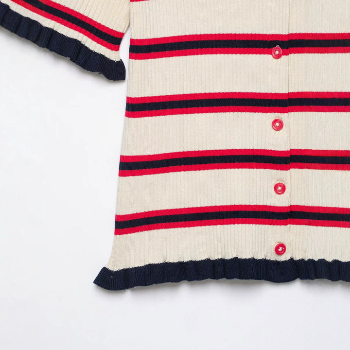 Damen Kurzärmelige Feinstrick-Cardigan mit Polokragen und Volantbündchen Drune