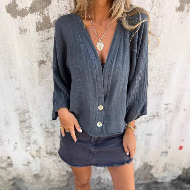 Damen Wickelbluse mit Knopfverschluss und leichtem Stoff Drune
