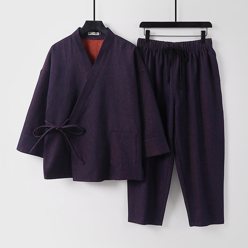 Unisex Lässiges Denim-Kimono-Set mit kurzarm Jacke, Bindeband und elastischer Bundhose Drune
