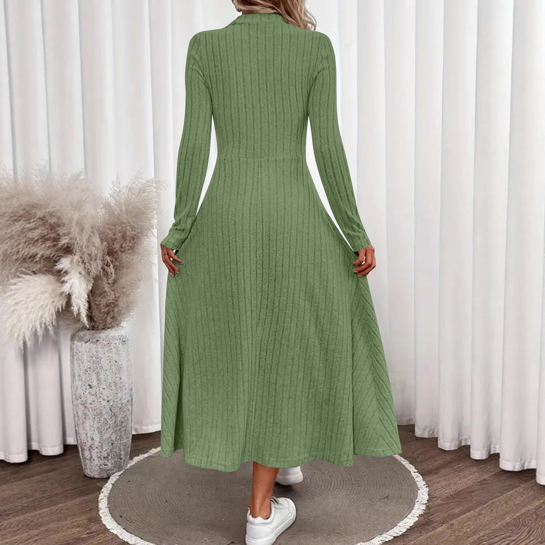 Damen Geripptes Strickmidikleid mit hohem Stehkragen und taillierter A-Linie Drune