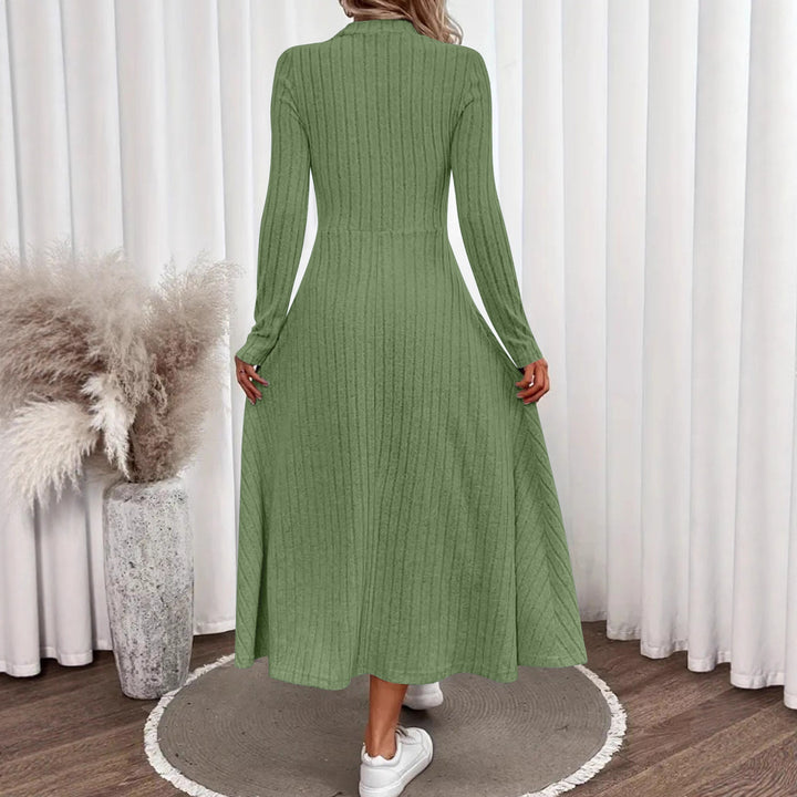 Damen Geripptes Strickmidikleid mit hohem Stehkragen und taillierter A-Linie Drune