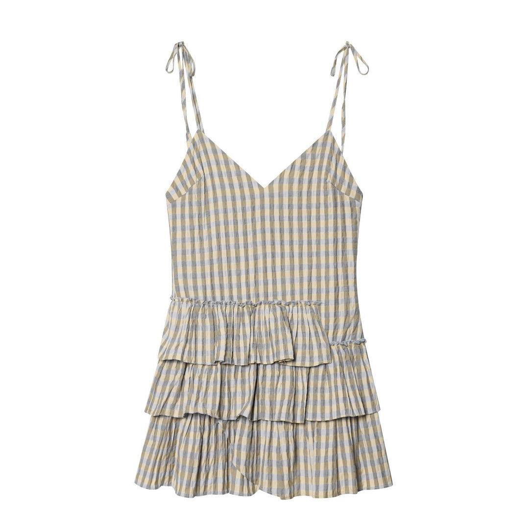Damen luftiges V-Ausschnitt Sommerkleid mit Rüschen und verstellbaren Trägern Drune
