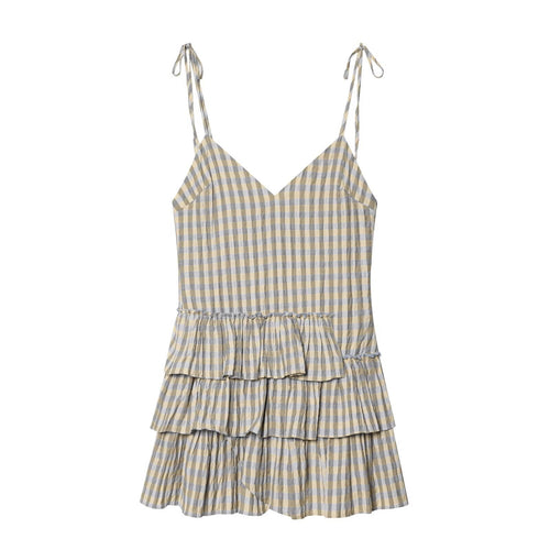 Damen luftiges V-Ausschnitt Sommerkleid mit Rüschen und verstellbaren Trägern Drune