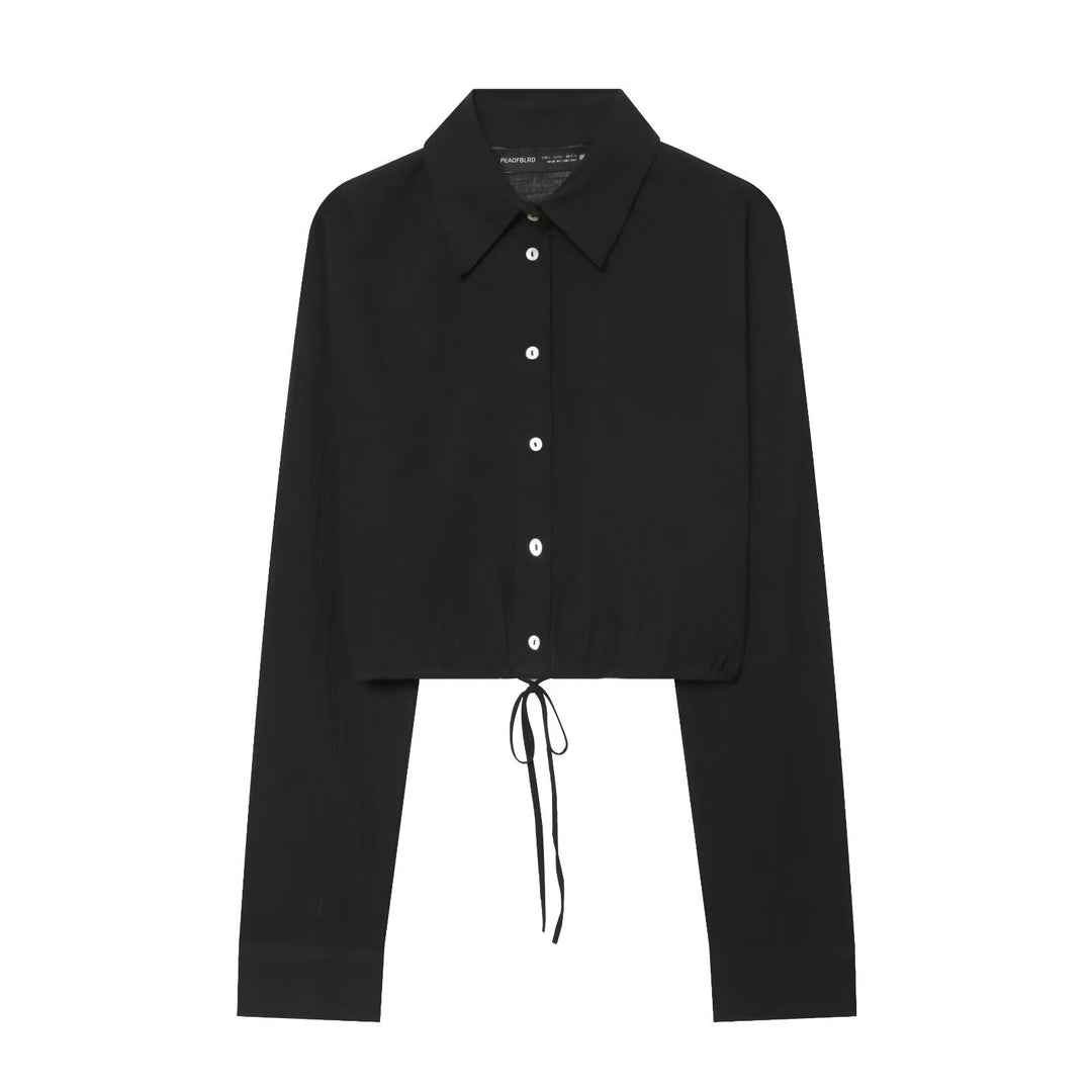 Damen Gepunktete Cropped-Bluse mit Kordelzug und Hemdkragen Drune